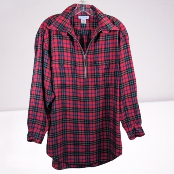 Jones New York Tops - Jones NY Sport Flannel Shirt Tunic Red Plaid Tartan Quarter Zip Popover …